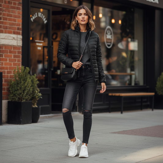 Woman in urban chic setting wearing black puffer jacket