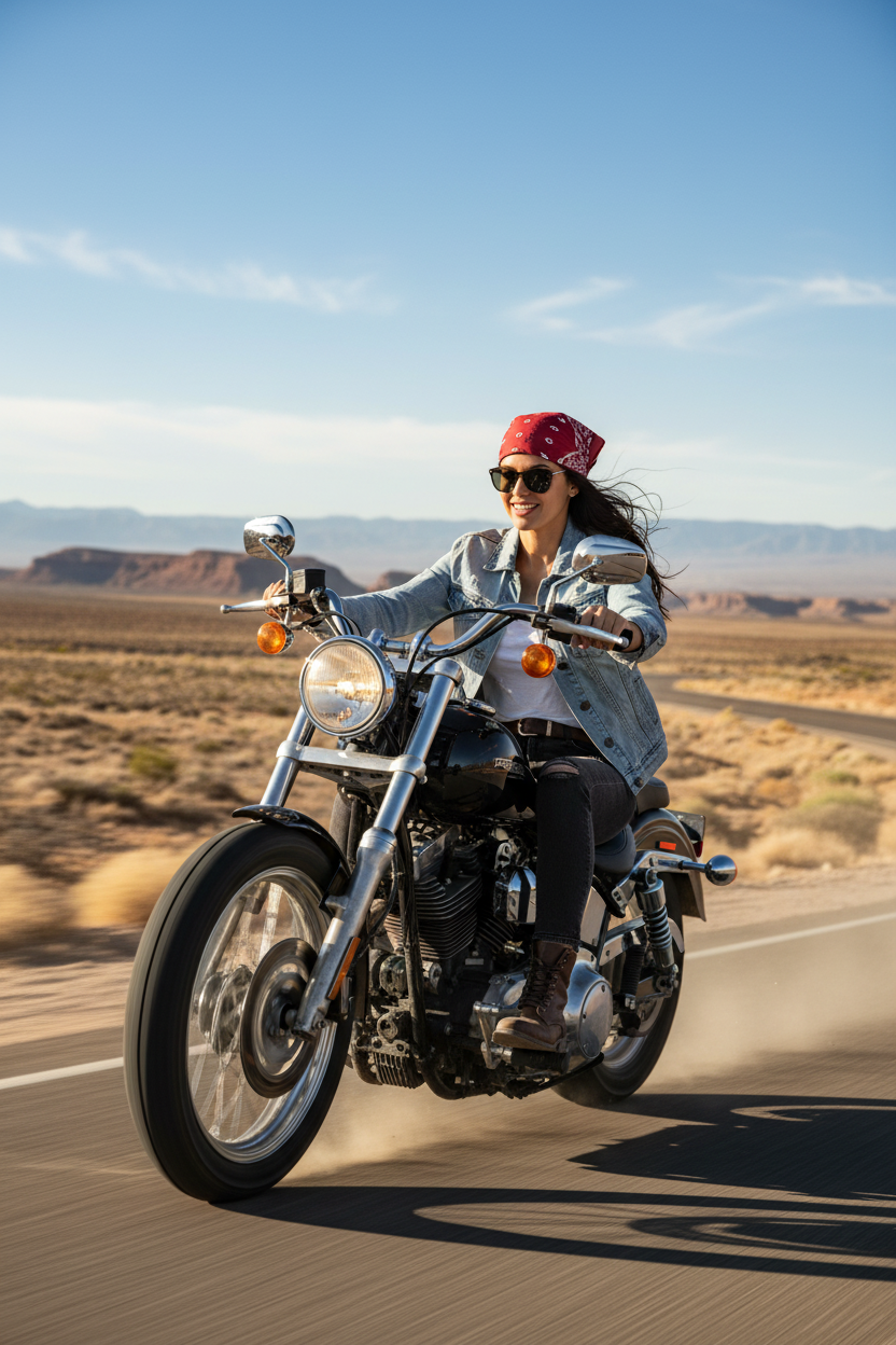 Woman wearing light blue denim jacket with bandana riding motorcycle