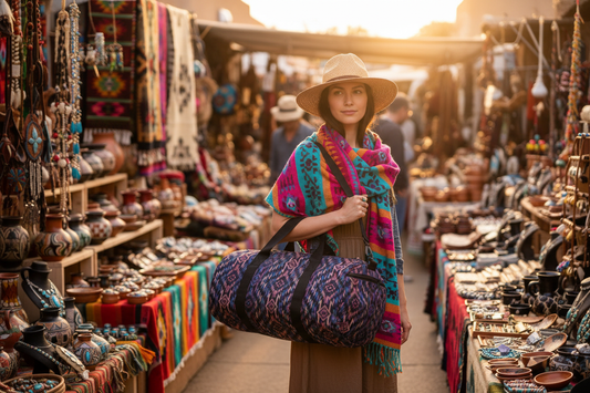 Woman with scarf and duffel at Southwest market