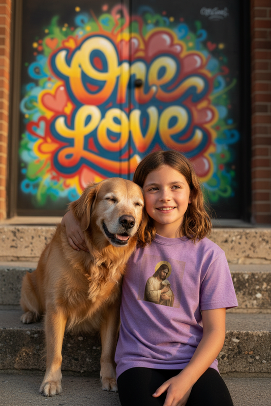 Young girl with dog's head on her shoulder on church steps